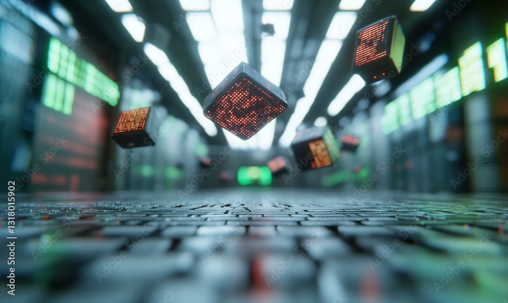 Poster digital cubes floating above keyboard, futuristic tech, data flow background