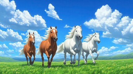 Obraz premium Majestic Horses Galloping Across a Vibrant Green Meadow Under Blue Sky