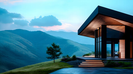 Modern house on a hill overlooking beautiful mountain scenery
