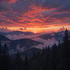 Obraz premium Fiery Sunset Over Mountain Peaks with Forest and Mist Landscape