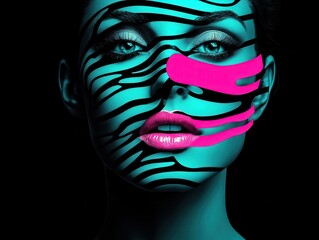 Close-up of a person with zebra-striped black and turquoise makeup, pink lips, and abstract pink overlay against a black background
