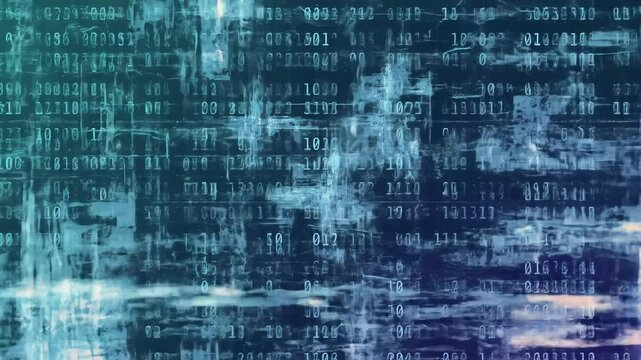 Abstract Digital Data Visualization with Binary Code Patterns and Geometric Structures in Blue and Green Hues, Representing Technology and Cybersecurity Concepts
