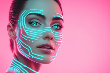 Close-up of a person with glowing blue digital lines and makeup against a pink background