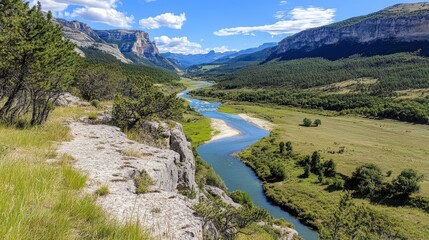 Fototapeta premium Breathtaking River Landscape with Mountains and Greenery under Blue Sky