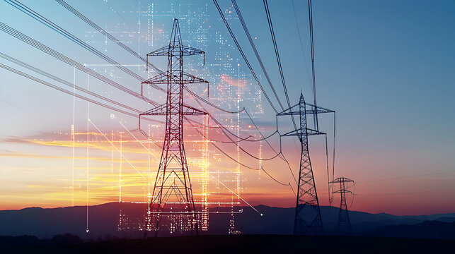 Silhouetted Transmission Tower Against Vibrant Sunset Sky With Electrical Grid And Power Lines