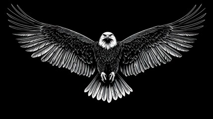 Naklejka premium Majestic bald eagle in flight, dark background, wildlife, nature