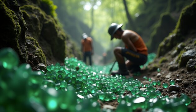 Emerald Mine Discovery: Miners Unearth a Path of Sparkling Green Gems in a Lush Forest Gorge