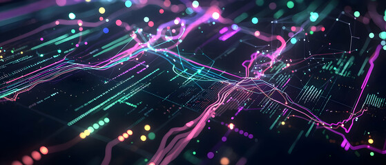 Fototapeta premium Dynamic Abstract Visualization With Vibrant Neon Light Particles On A Dark Background In A 3D Digital Art Style