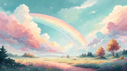 Dreamy Landscape with Rainbow, Clouds, and Golden Fields