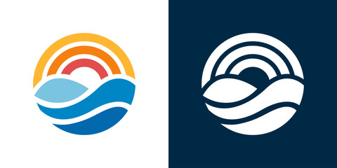 Sun logo with sea wave vector design