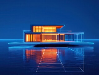 Blueprint of a futuristic floating mansion concept, emphasizing buoyancy and structural innovation