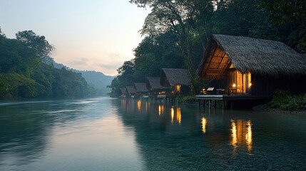 Fototapeta premium Tranquil Riverfront Cottages Surrounded by Lush Green Nature