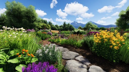 Naklejka premium Vibrant Summer Garden with Walking Path and Scenic Mountains