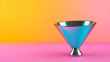 Shiny cone-shaped metallic bowl against vibrant yellow and pink backdrop
