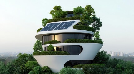 Crosssectional view of a futuristic mansion, highlighting ecofriendly features like solar panels and vertical gardens