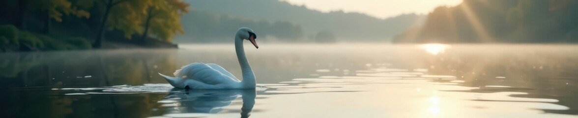 Fototapeta premium Immobile swan, perfect lake reflection, blurred horizon , nature, twilight, soft