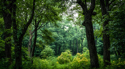 Naklejka premium Lush Green Forest Canopy With Dappled Sunlight And Yellow Flowers On A Misty Day