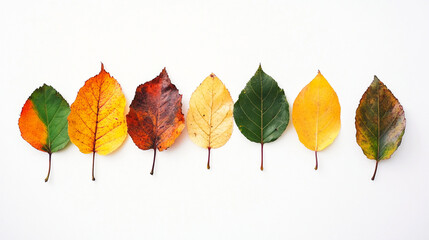 A vibrant display of autumn leaves in various colors, arranged in a line against a white background, showcasing nature's seasonal transition.