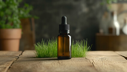 Fototapeta premium Amber Glass Dropper Bottle Filled With Herbal Oil Surrounded By Fresh Green Grass on Wooden Table in a Natural and Calming Environment