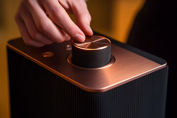 User adjusts settings on a modern speaker in a cozy ambient setting during evening hours