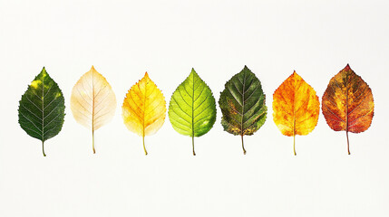 A collection of seven leaves displayed in a gradient of colors, showcasing stages from green to yellow and orange, against a clean white background.