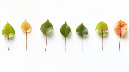 A sequential arrangement of leaves in various colors, showcasing the transition from vibrant green to yellow and orange, set against a plain white background.