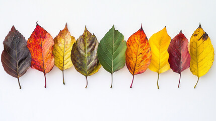 A vibrant array of autumn leaves in various hues, ranging from deep red to bright yellow, arranged neatly against a white background, showcasing the beauty of fall.
