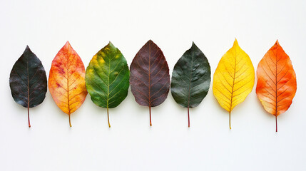 A vibrant arrangement of seven leaves displays a gradient of autumn colors, ranging from deep red to bright yellow, against a clean white background.