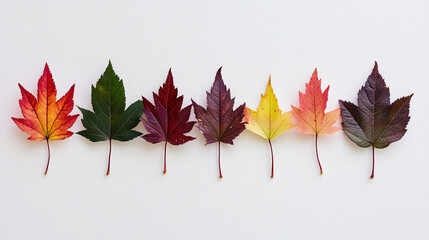 A vibrant collection of seven leaves showcases a gradient of fall colors, ranging from deep red and orange to green, yellow, and dark purple, against a white background.