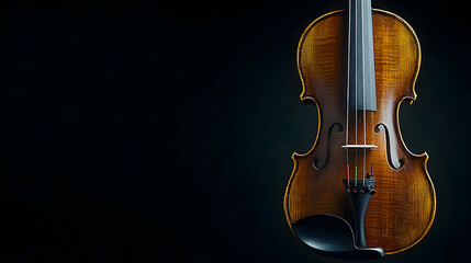 Fototapeta premium Detailed Studio Shot Of A Classical Brown Wooden Violin Against A Dark Background With Golden Lighting
