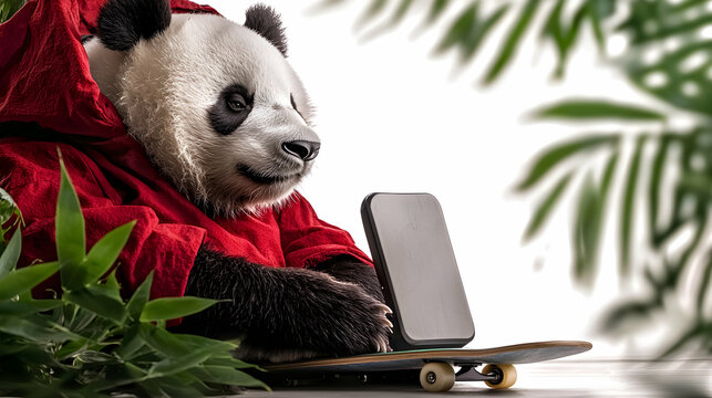 A panda in a red coat using a smartphone on a skateboard