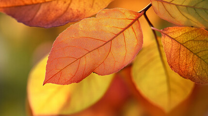 Vibrant autumn leaves showcase hues of orange and yellow, highlighting intricate textures against a softly blurred background. Nature's beauty in transition.