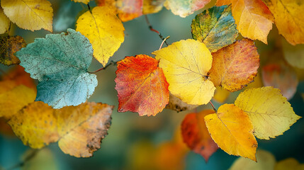 A vibrant array of autumn leaves showcases colors of yellow, orange, and green, capturing the beauty of the fall season in a natural, textured arrangement.