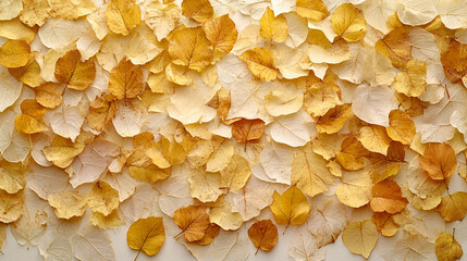 A beautiful assortment of yellow and cream-colored leaves layered on a light background, creating a serene and autumnal aesthetic.