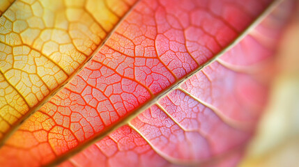 A close-up of vibrant leaf veins showcases a stunning gradient of colors from yellow to red, highlighting intricate textures and patterns. Nature?s beauty and detail are evident.