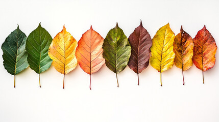 A beautiful arrangement of leaves in various stages of color change, showcasing shades of green, yellow, orange, red, and brown against a white background.