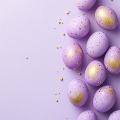 Purple Easter eggs with gold accents on light violet background for minimalist design concept
