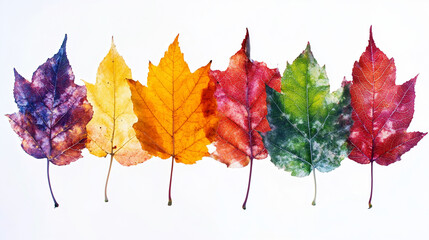 A vibrant display of six colorful leaves arranged in a line, showcasing hues of purple, yellow, orange, red, green, and pink against a light background.