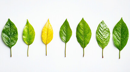 A series of six leaves in varying shades of green and one yellow, arranged in a line against a white background, showcasing the beauty of nature's color transition.