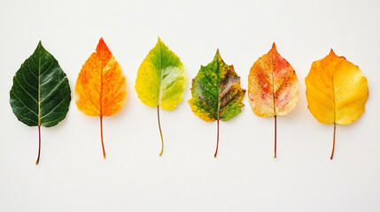A vibrant display of leaves in various colors, from deep green to bright yellow, illustrating the beauty of seasonal change against a neutral background.