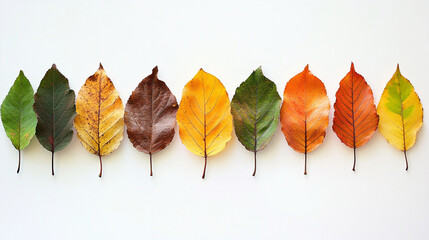 A vibrant array of autumn leaves in various colors, arranged in a line against a white background, showcasing the beauty of seasonal change.