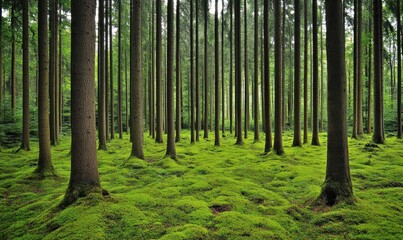 Fototapeta premium Lush green moss covered forest floor among tall trees