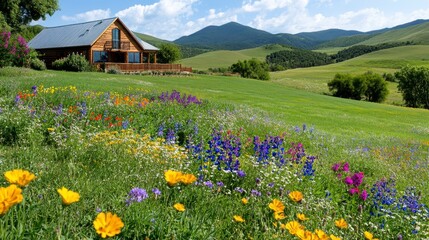 Obraz premium Vibrant Flower Meadow with Cozy House and Majestic Mountains