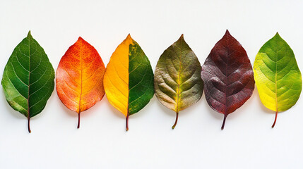 A vibrant line-up of leaves displays a spectrum of colors, from green to yellow, orange, red, and brown, showcasing the beauty of nature's transitions.