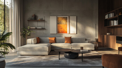 A modern living room features a spacious gray sectional with orange accents, a round coffee table, and minimalist decor, framed by large windows and a concrete wall.