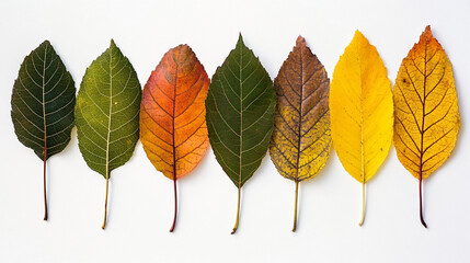 A colorful array of leaves showcases the changing hues of autumn, transitioning from deep green to vibrant yellow, capturing nature's seasonal beauty.