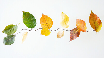 A branch with a gradient of leaves transitioning from deep green to vibrant yellows and reds, representing the beauty of autumn on a white background.