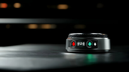 A metallic device with lit indicators sits on surface