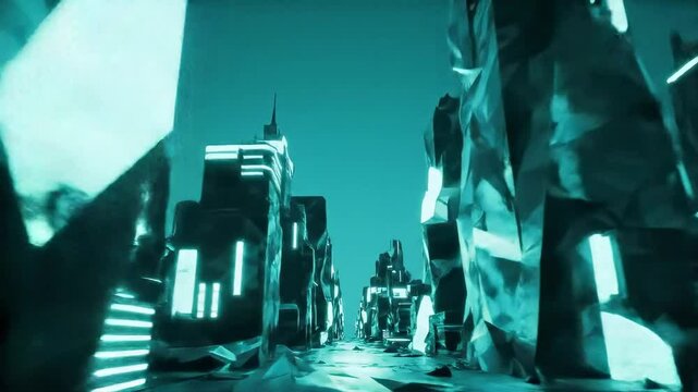 Futuristic Urban Landscape: A Neon-Lit City of Crystalline Structures and Abstract Architecture in an Otherworldly Environment