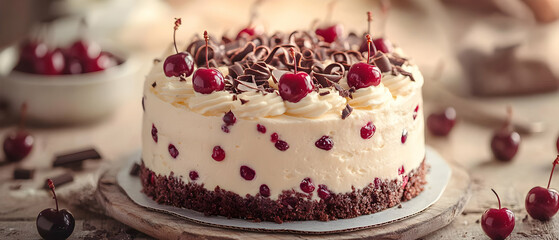 Naklejka premium Creamy Cherry Cake, Rustic Table